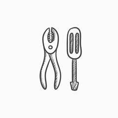 Screwdriver with pliers sketch icon.