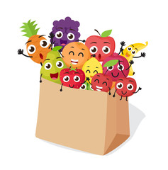 cartoon fruits characters with shopping bag