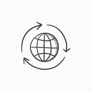 Globe with arrows sketch icon.