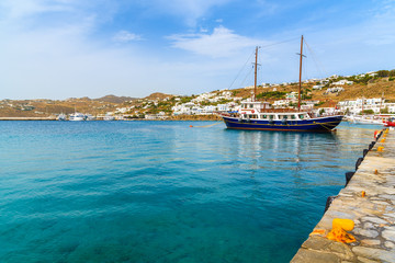 Sailing boat mooring in Mykonos port, Mykonos island, Greece