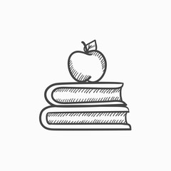 Books and apple on top sketch icon.