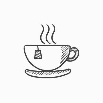 Hot tea in cup sketch icon.