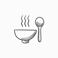 Bowl of hot soup with spoon sketch icon.