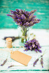 Lavender herbs on the wooden table with space for text