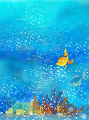 Naklejka premium Cartoon underwater scene with swimming fishes - illustration for children