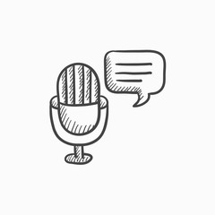 Microphone with speech square sketch icon.