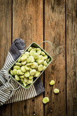 Broad beans (fava beans) on wooden rural kitchen table