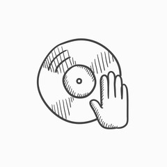 Disc with dj hand sketch icon.