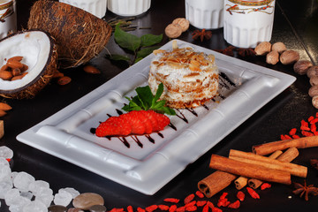 napoleon layered cake with almonds Still Life restaurant, strawberry, sauce