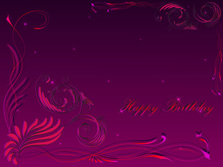 Card with the greeting happy birthday in the frame from floral ornament in dark pink tones