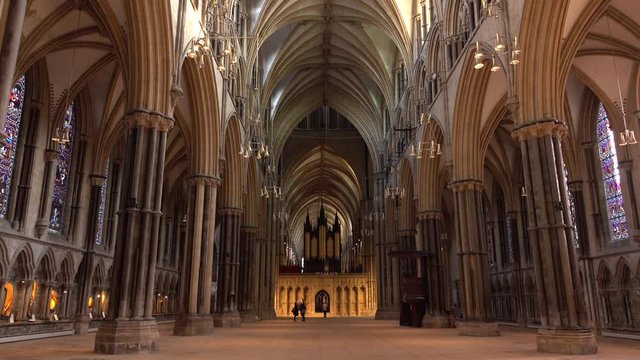 Lincoln Cathedral inside beautiful architecture England. Cathedral city of Lincolnshire, UK. Roman settlement in 48 AD. Cathedral built in 1092, once tallest man made structure in the world.