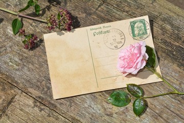 alte leere Vintage Postkarte mit alter Briefmarke liegt auf altem Holz mit Blumen 