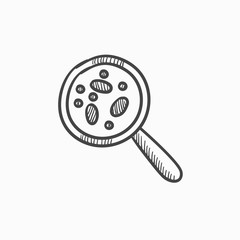 Microorganisms under magnifier sketch icon.