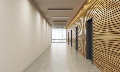 Office lobby with white and wooden wall