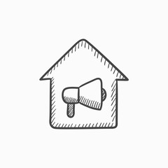 House fire alarm sketch icon.