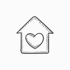House with heart symbol sketch icon.
