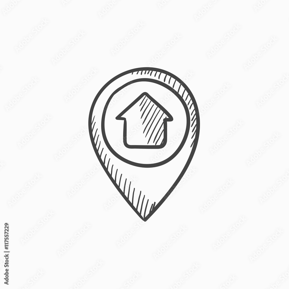 Poster pointer with house inside sketch icon.