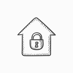 House with closed lock sketch icon.