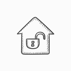 House with open lock sketch icon.