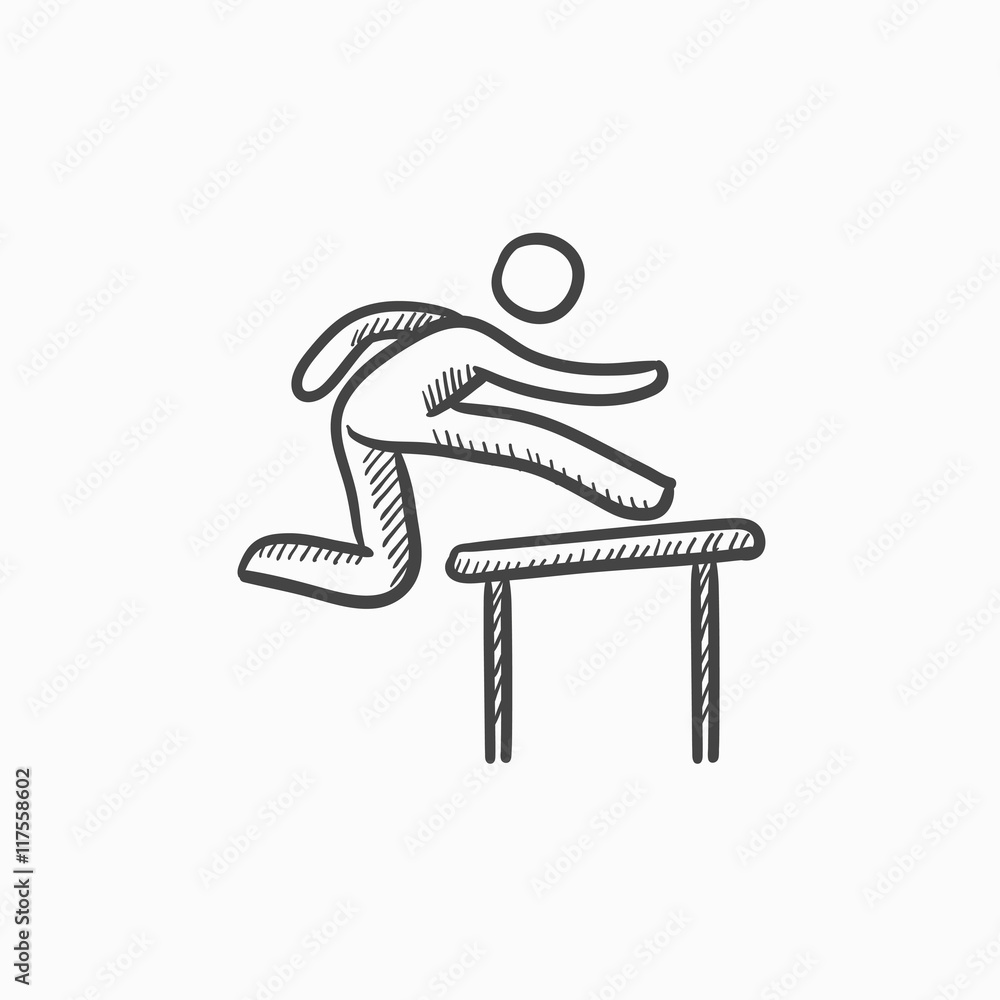 Poster man running over barrier sketch icon.