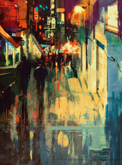 Naklejka premium colorful alley at night, illustration,digital painting