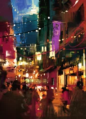 Tuinposter kleurrijk schilderij van winkelstraat & 39 s nachts © grandfailure
