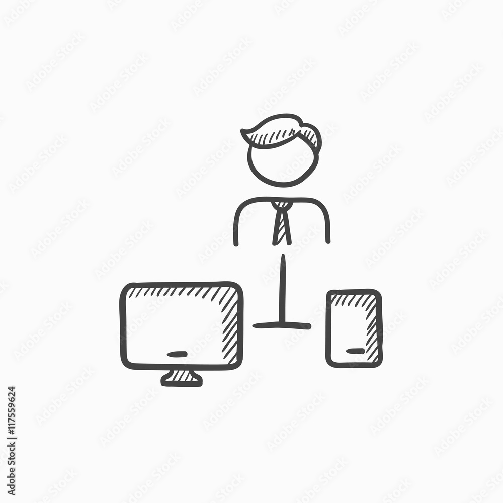 Aufkleber man linked with computer and phone sketch icon.