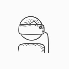 Man wearing virtual reality headset sketch icon.