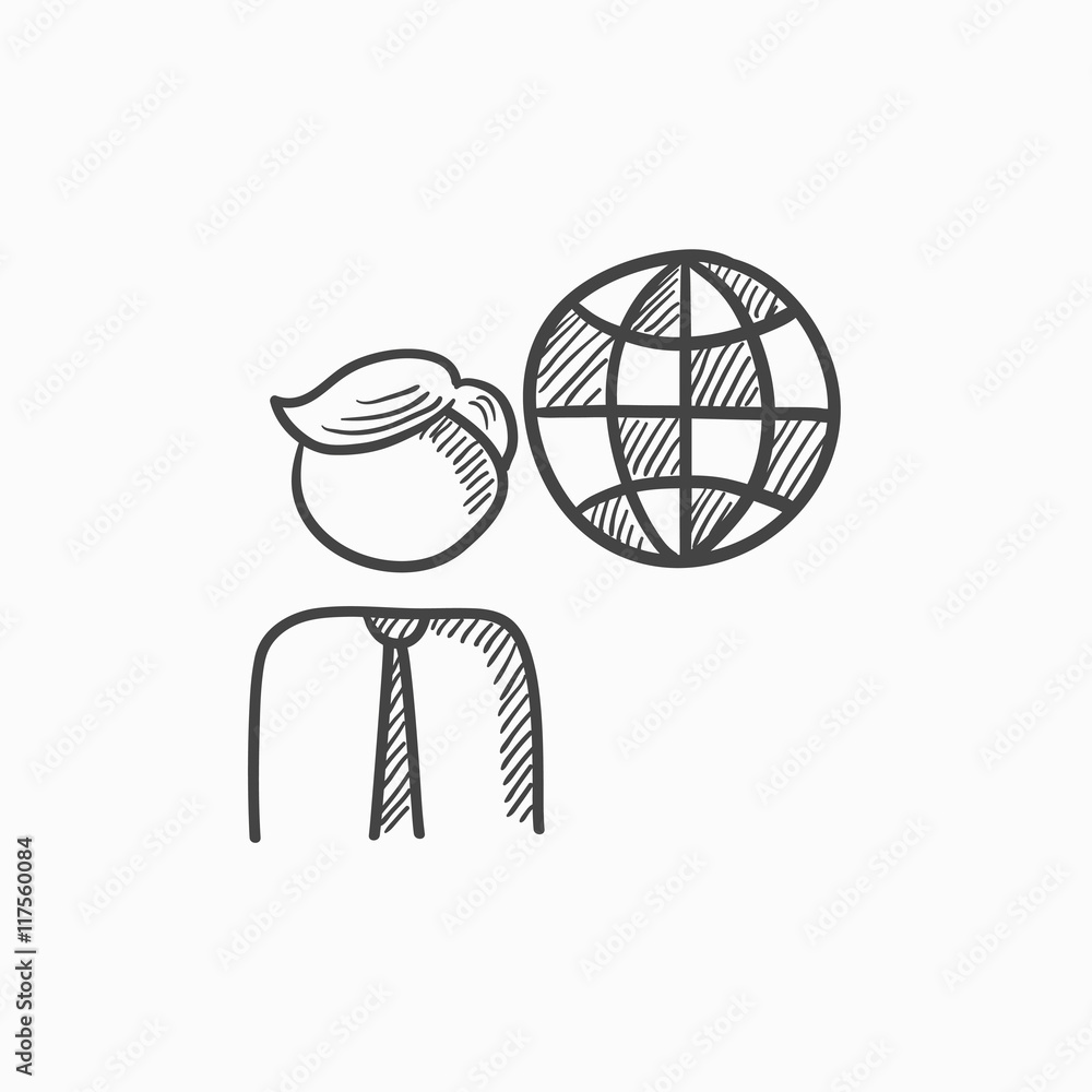 Poster man with globe sketch icon.