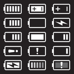 Fototapeta na wymiar Battery icons set, white isolated on black background, vector illustration.
