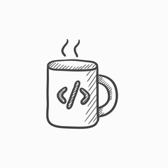 Cup of coffee with code sign sketch icon.