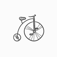 Fototapeta na wymiar Old bicycle with big wheel sketch icon.