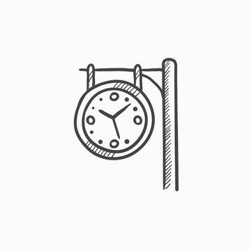 Train station clock sketch icon.
