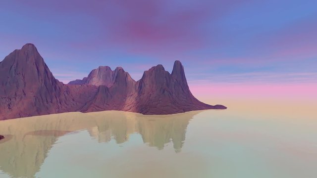 Animation, colored clouds in the sky, rocky mountain, reflection in the waters, 3D rendering landscape.