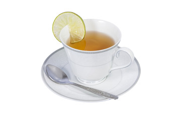 a cup of hot lemon tea isolated on white