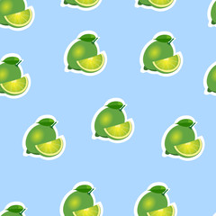 Pattern. lime and leaves and slices on blue background.