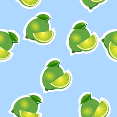Pattern. lime and leavesand slices same sizes on blue background.