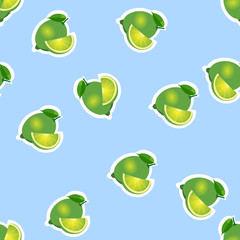 Pattern. lime and leaves with slices on blue background.