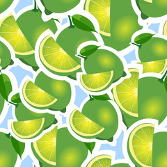 Pattern. lime and leaves different sizes on blue background.
