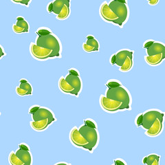 Pattern. small lime and leaves different sizes on blue background.