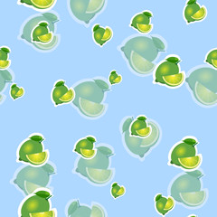 Pattern. lime and leaves different sizes on blue background. Transparency lime.