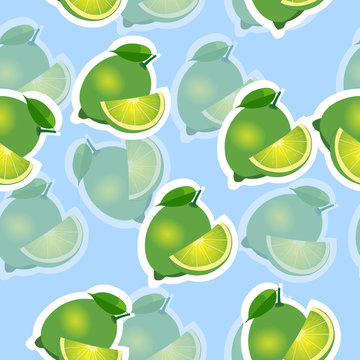 Pattern. lime and leaves and slises same sizes on blue background. Transparency lime.
