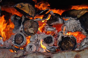 Burning firewood in the fireplace close up