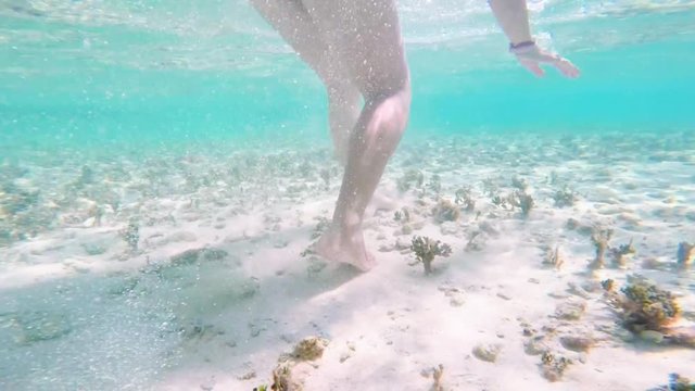Woman walking on the caribbean sea over white sand, San Blas, Panama