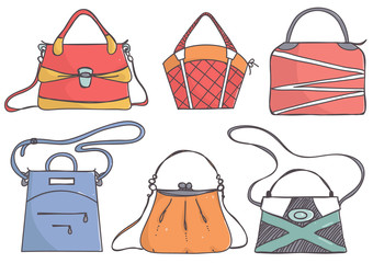 Set of fashionable handbags. Bag collection, isolated.