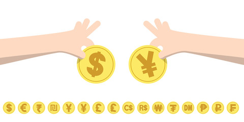 dollar exchange yen and coins for currency exchange rates illust