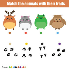 Matching children education game, kids activity. Match animals with trails.