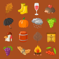 Autumn. Cartoon and flat style. Icon  objects set for design with background.