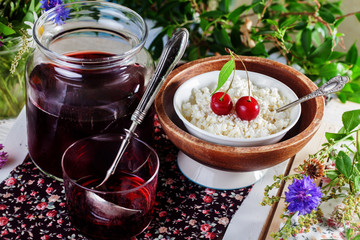 rustic cottage cheese with cherry compote, jelly, bank, ladle, , morning breakfast 