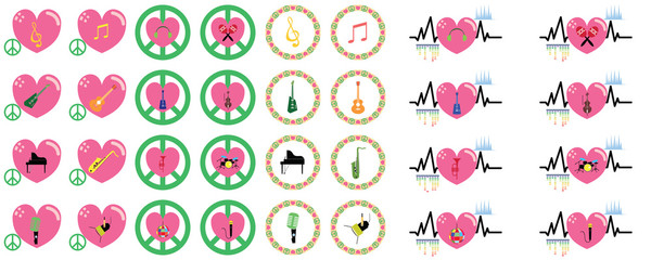 music instruments vector include guitar, cello, piano, drums under love and peace concept